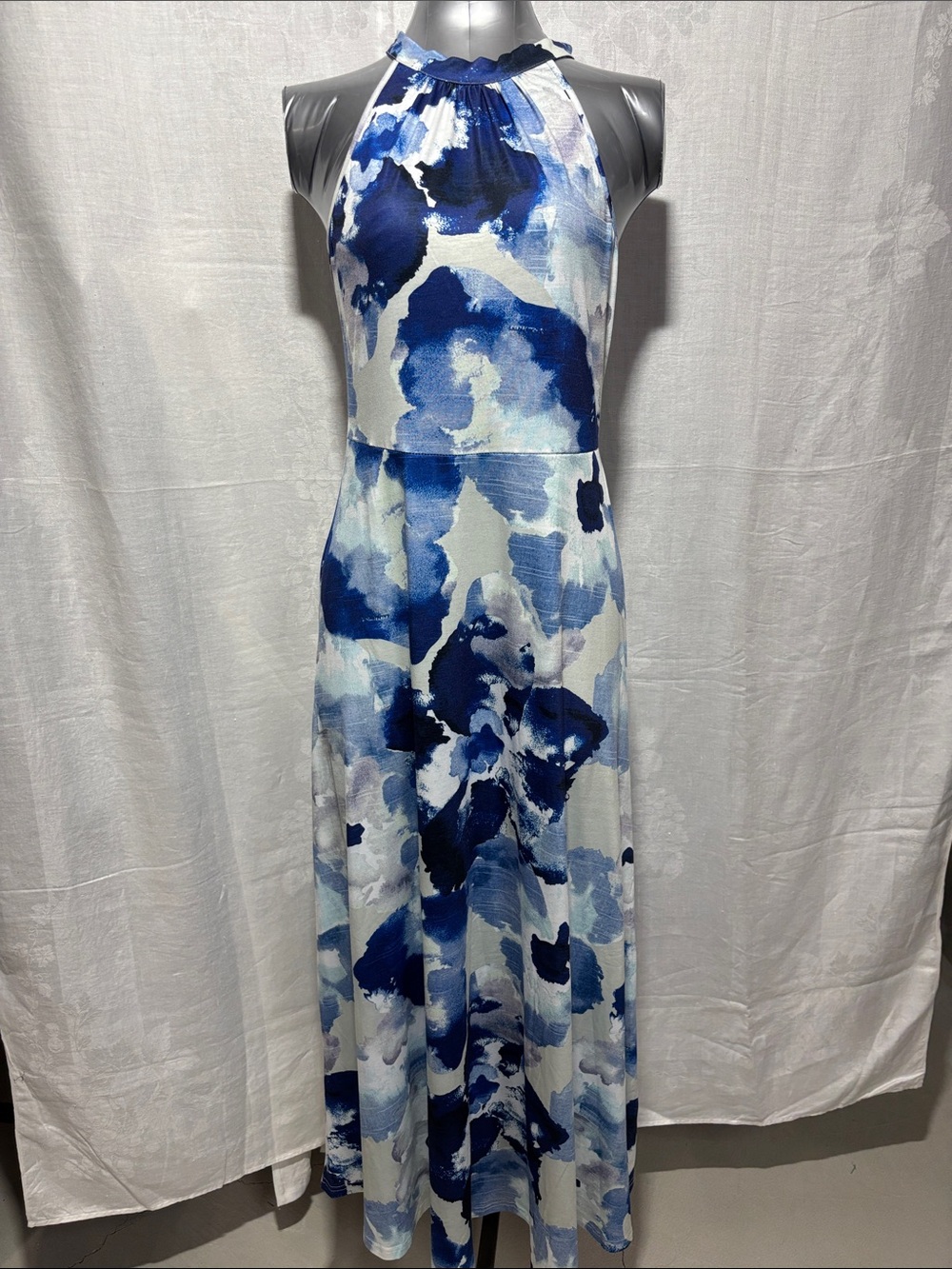Blue Watercolor Halter Maxi Dress travel, casual, comfort, tropical trendy chic